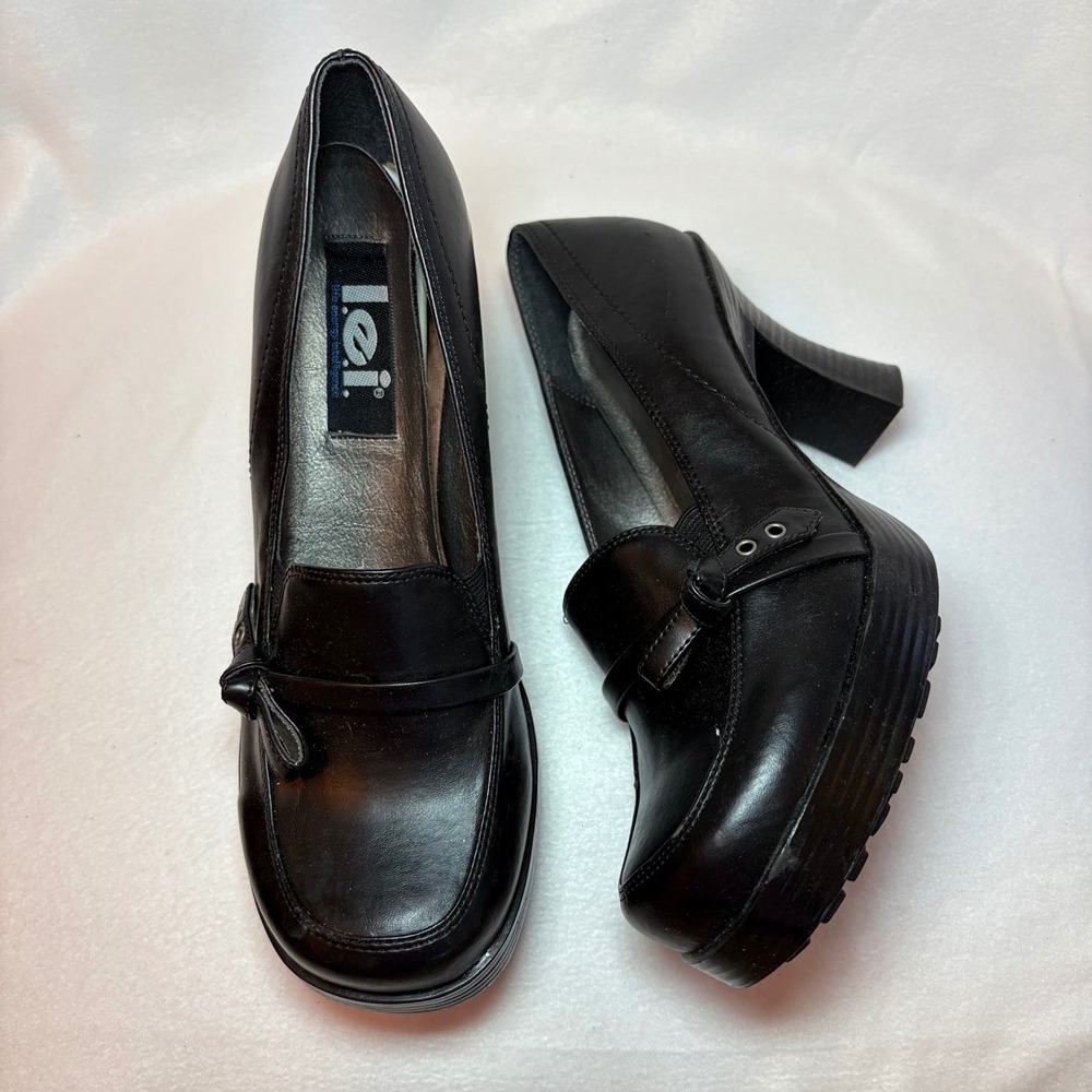 LEI Vintage Black Chunky Platform Loafers Block Heel 8.5 ONYXX Y2K Lug Sole